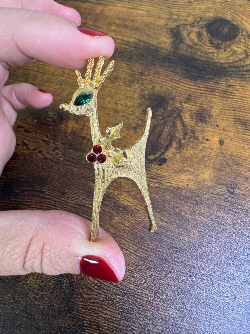 Vintage Gold Reindeer Brooch with Green Eye and Red Accents